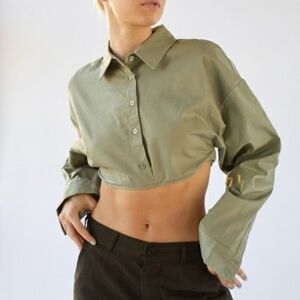 lioness cropped button down shirt in olive green
